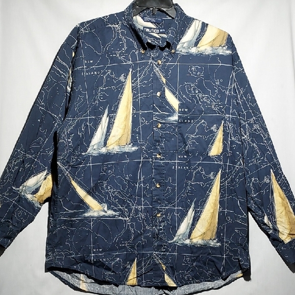 Nautica Nautical Map‎ Themed Long Sleeve Mens Button-down Shirt Size XL - Picture 1 of 5